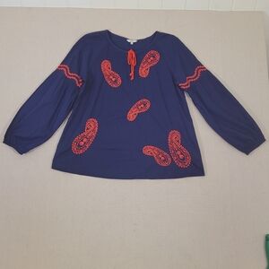 Crown & Ivy Women's Small Navy Blue Embroidered Red Paisley Peasant Blouse Boho